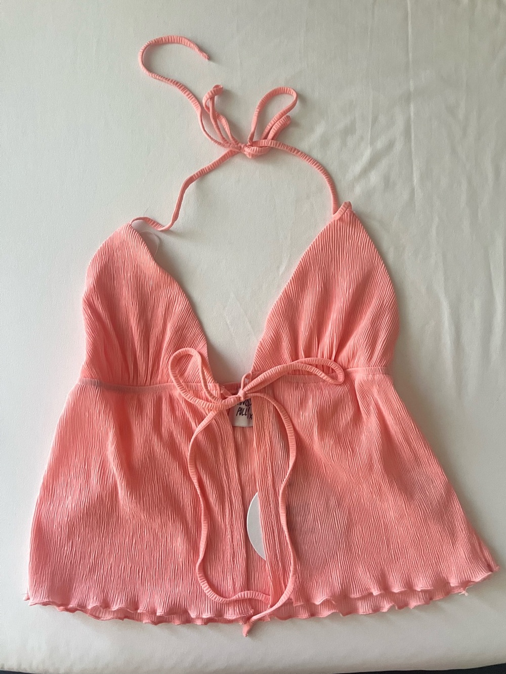 Princess Polly Coral Pink Ribbed Halter Tie Top
